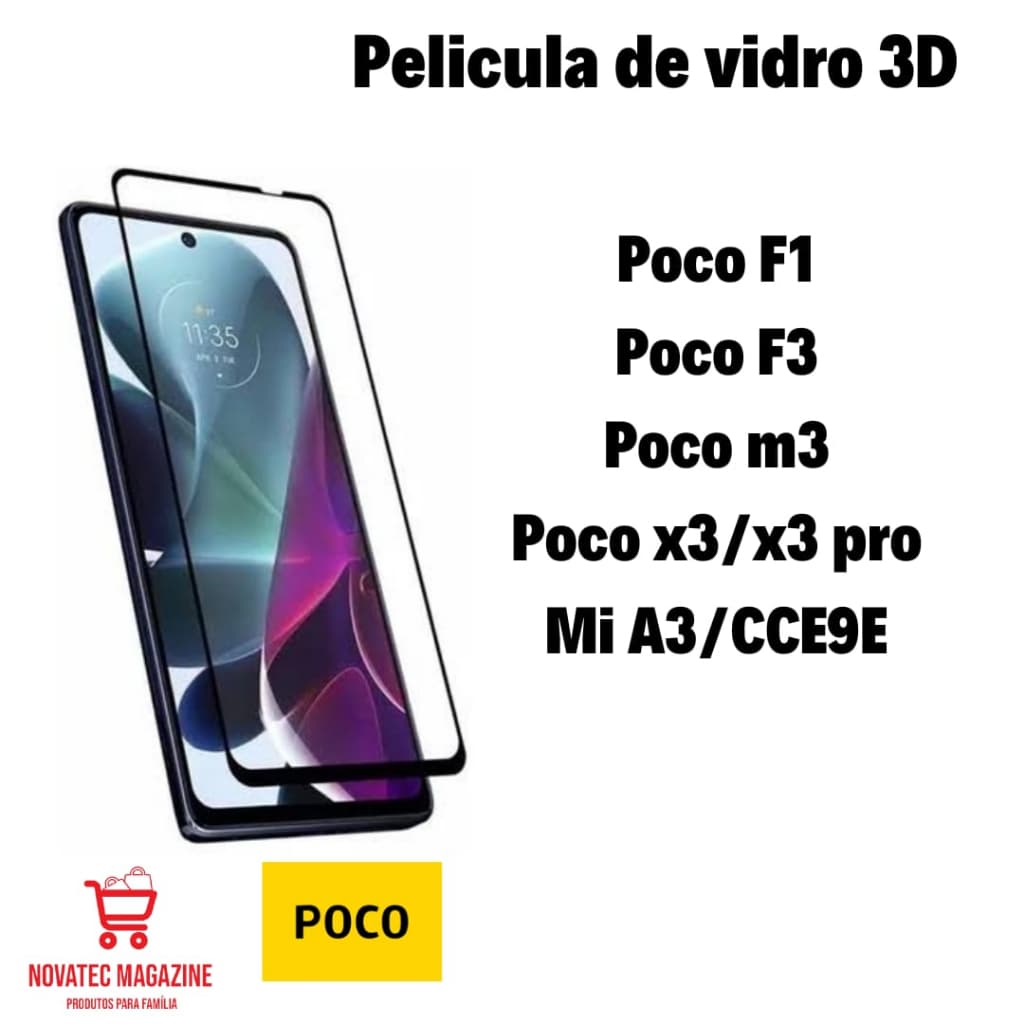 Película de Vidro 3D Protetora de Tela Para Pocophone Xiaomi Poco F1 / F3 / M3 / X3 / X3 Pro / Mi A3 / CCE9E + Kit de Limpeza