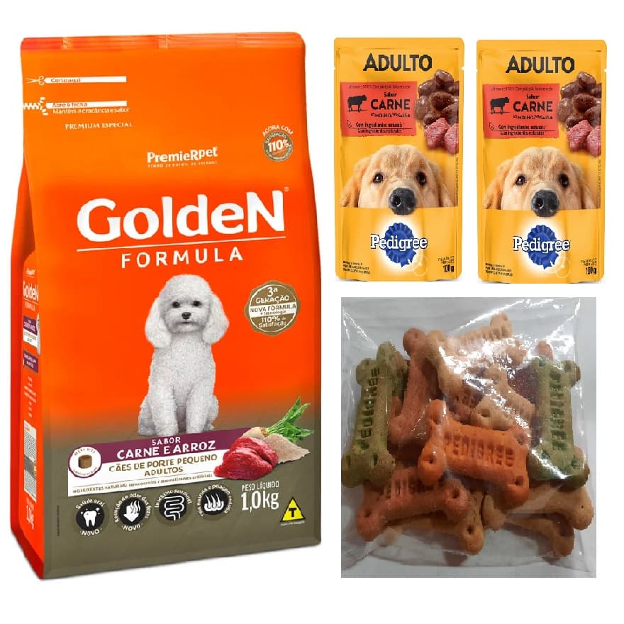 Ração Golden Formula PremieRpet Salmao Carne e Arroz 1kg + Dois saches carne + 100g Petisco Biscoito Biscrok