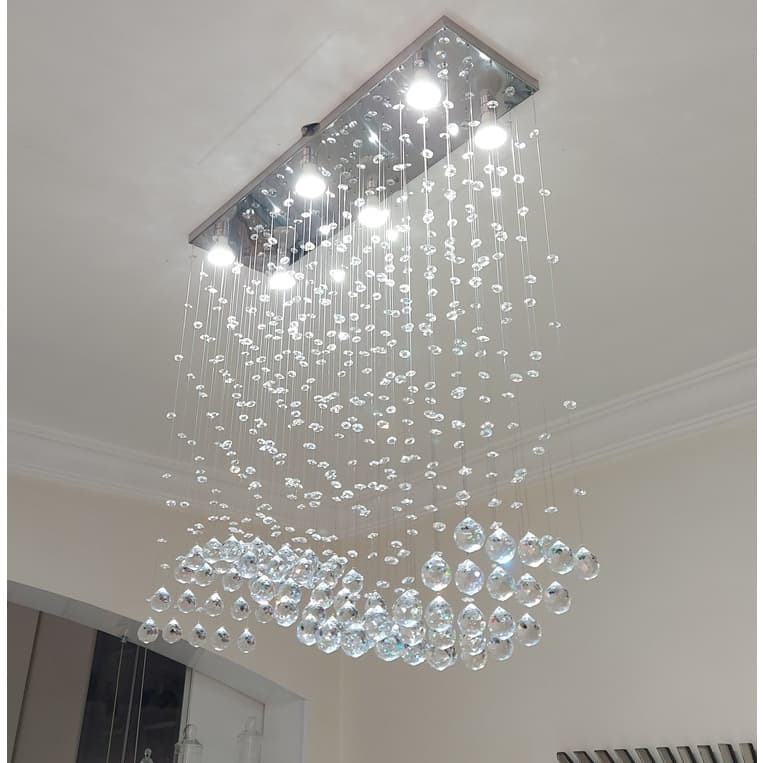 Lustre em Cristais K9 de 30mm com Lâmpadas Branco Quente, Para Mesa de Jantar, Base Inox Espelhado