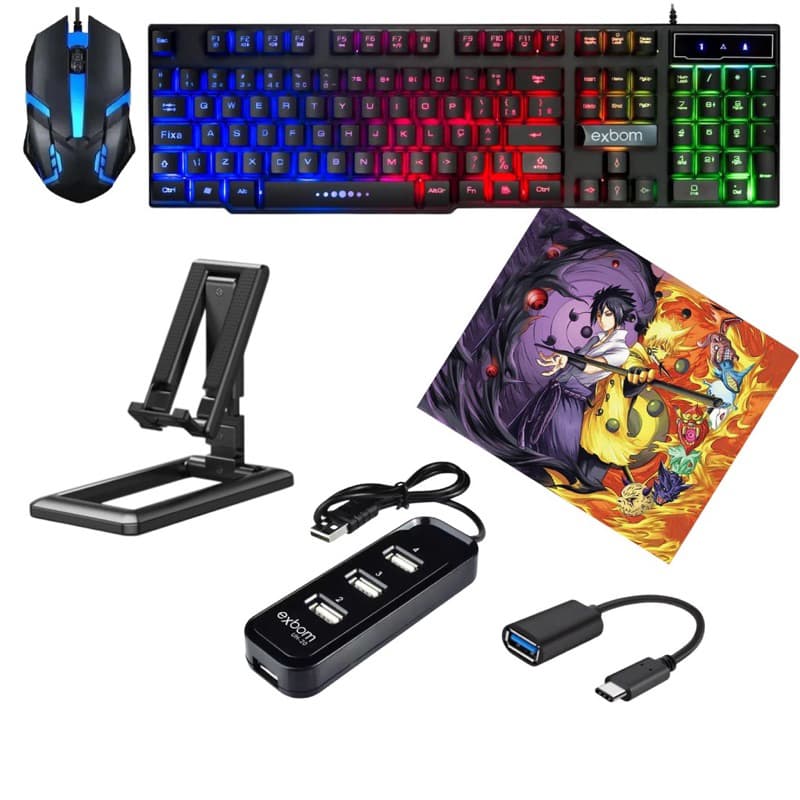 Mobilador Kit Gamer Teclado Mouse Otg  Hub Usb Suporte para Celular 6 itens  pc notebook celular