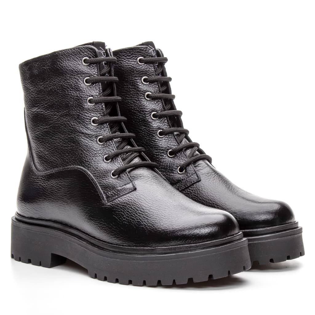 Bota Feminina Blogueira de Amarrar Cano Curto em Couro Legítimo Confortável com Zíper