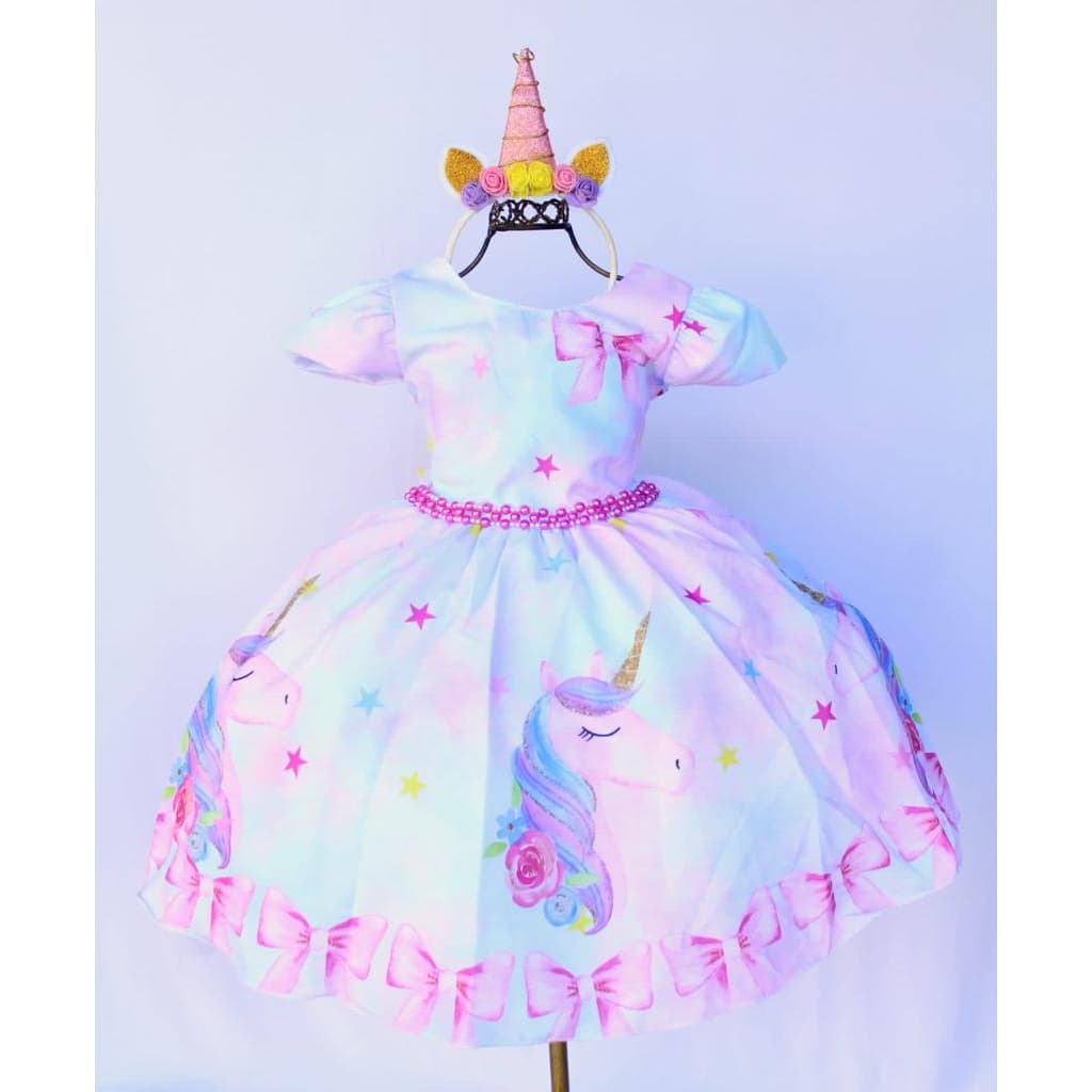 Vestido Infantil Menina Unicórnio Tema Festa Aniversario Com Tiara
