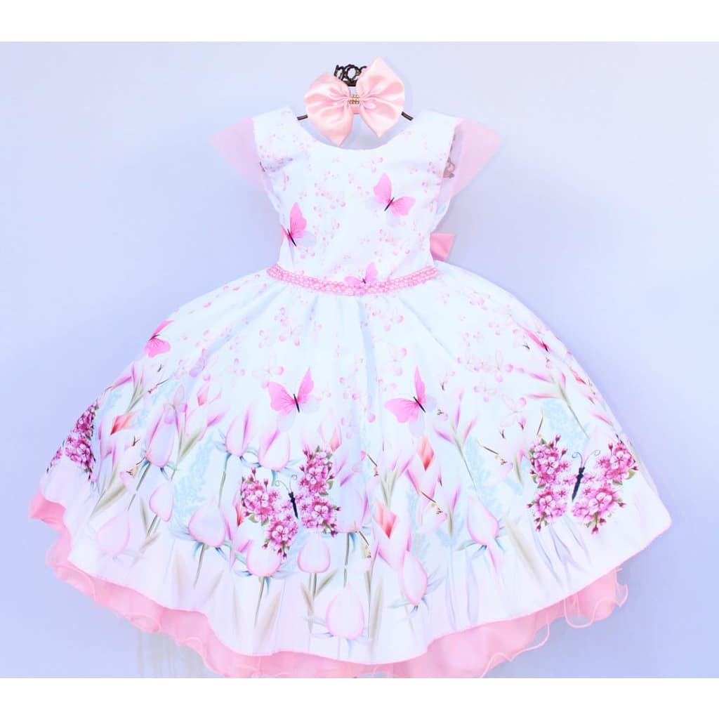 Vestido Infantil  Aniversario Florista Floral Borboleta Luxo Com Tiara.
