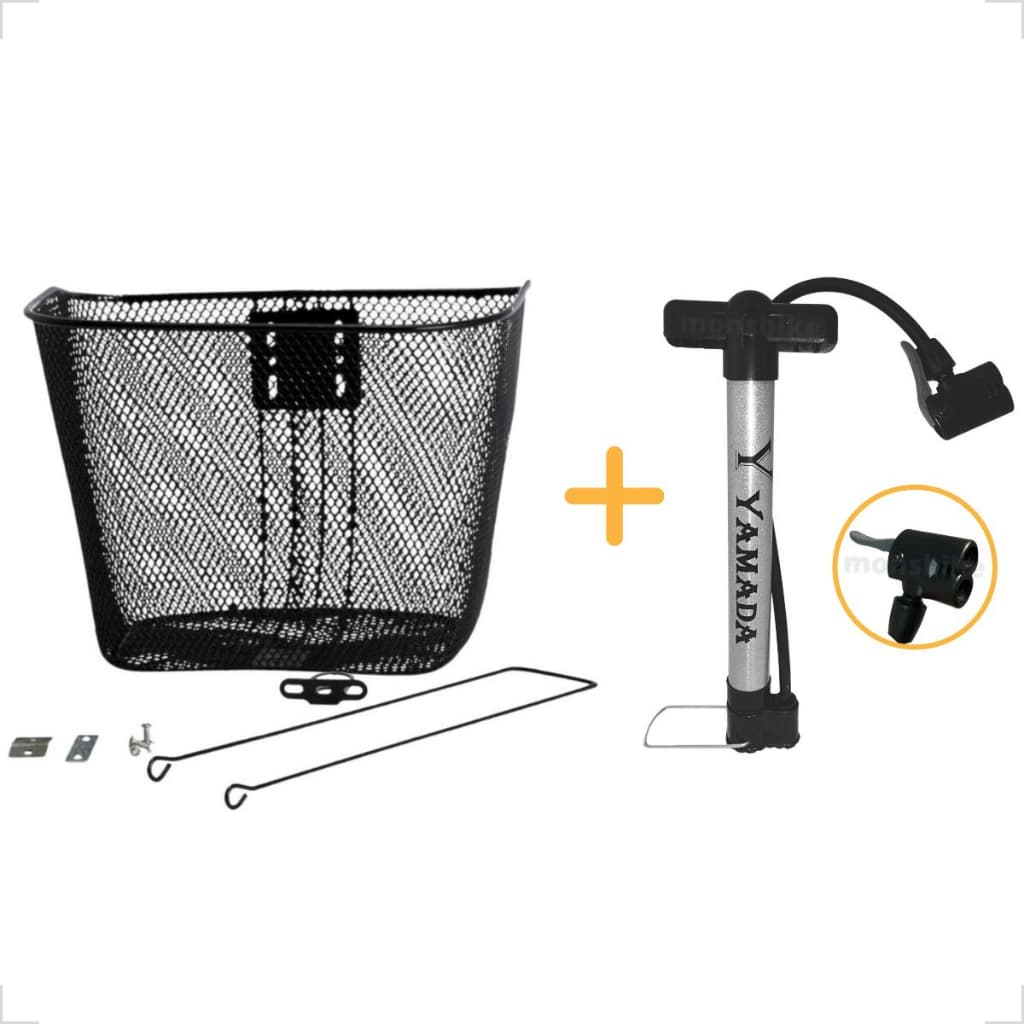 Cesta Cestinha Aramada Bicicleta Aro 24/26 Grande + Bomba de Ar Encher Pneu Bike Bico duplo