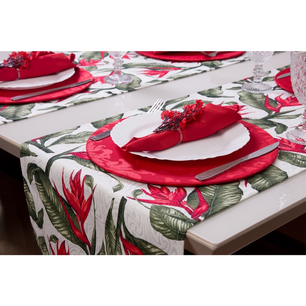 Decoração Mesa Posta Trilho de Mesa Flor Vermelha Jacquard 1,60