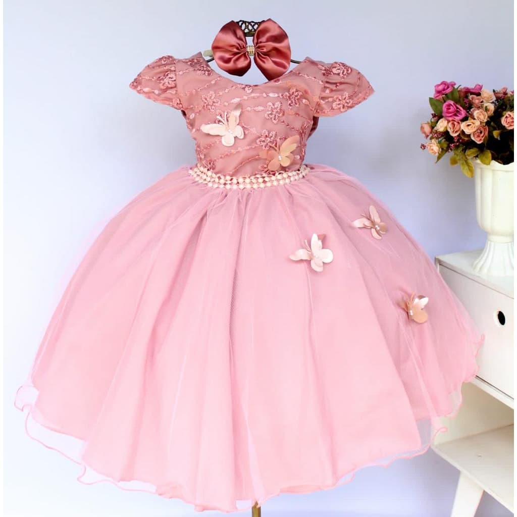 Vestido Infantil Princesa Rosa Daminha Jardim Encantado Borboletas e Tiara