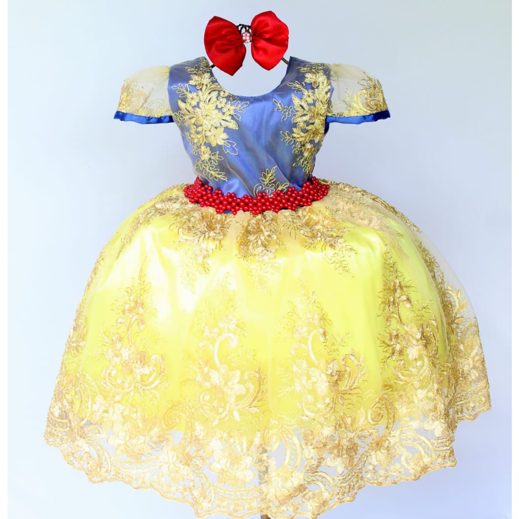 Vestido Infantil Princesa Branca de Neve Tema Festa Aniversário Com Tiara