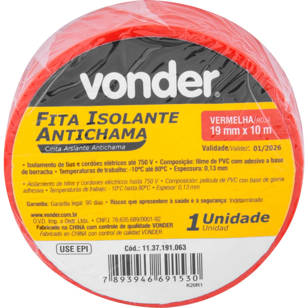 Fita Isolante, 19 mm x 10 m, Vermelha - VONDER