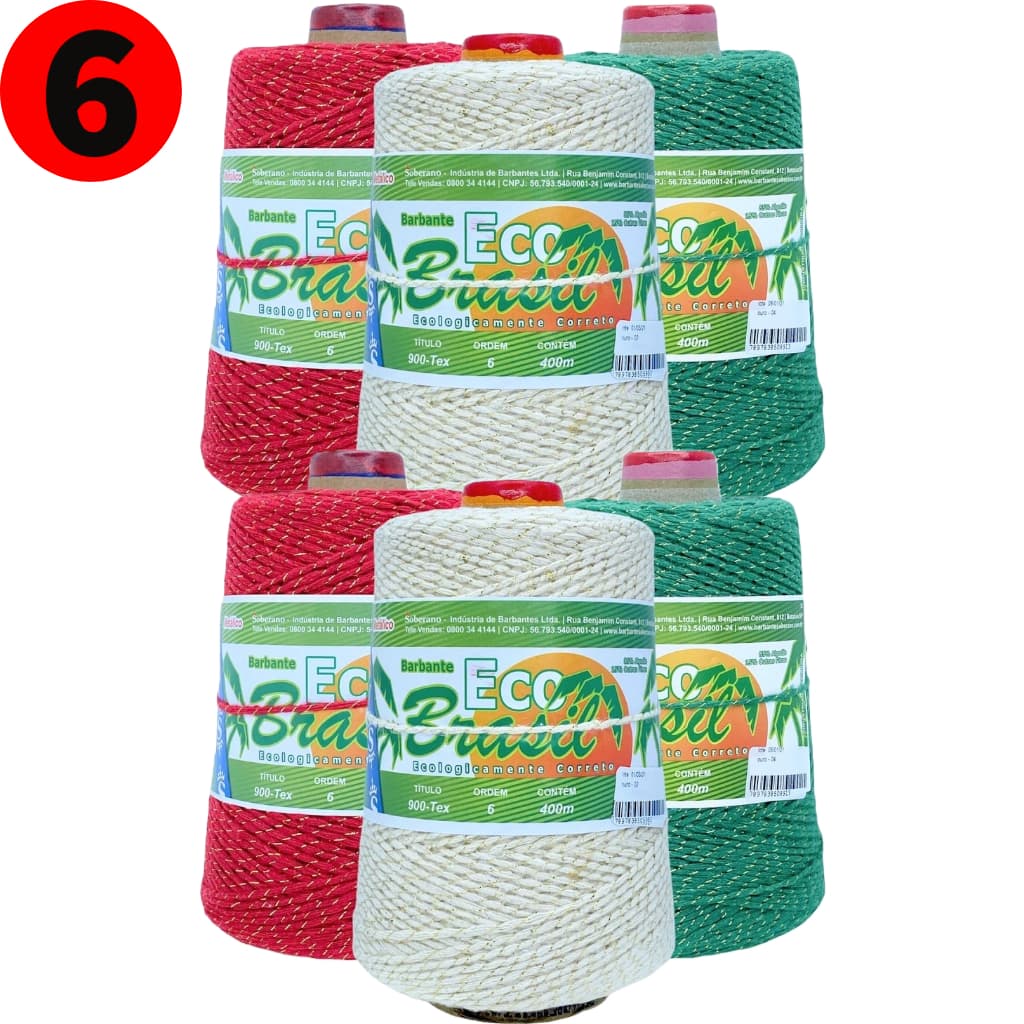 Kit 6 Barbante Eco Brasil Brilho Metálico Ouro e Prata Fio n°6 de 400 Metros e 400 Gramas com 900 TEX Soberano