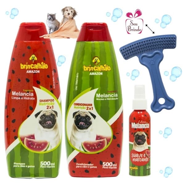 Kit Shampoo e Condicionador + Perfume + Pente Rastelo para Cachorro e Gato Melancia Brincalhão