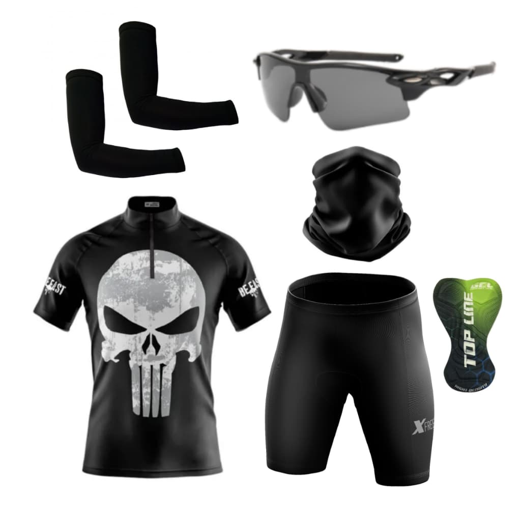 Conjunto Ciclismo Camisa e Bermuda + Óculos de Proteção + Par de Manguitos + Bandana