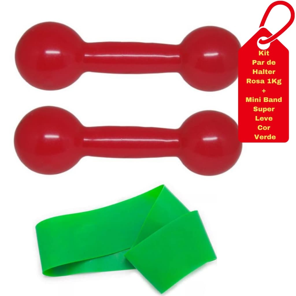 Halter Par Bola Emborrachado 1 Kg Rosa + Mini Band Faixa Elástica Super Leve Verde