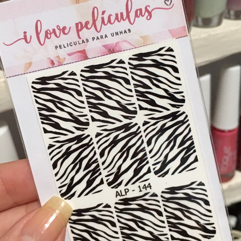 Película de unha cartela com 12 adesivos ALP - 144 Animal print zebra  Adesivos,películas,unhas,nails art,unhas decoradas