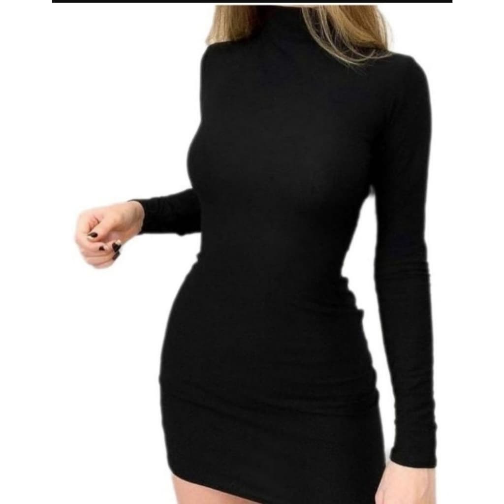 Vestido Canelado Feminino Manga Longa Gola