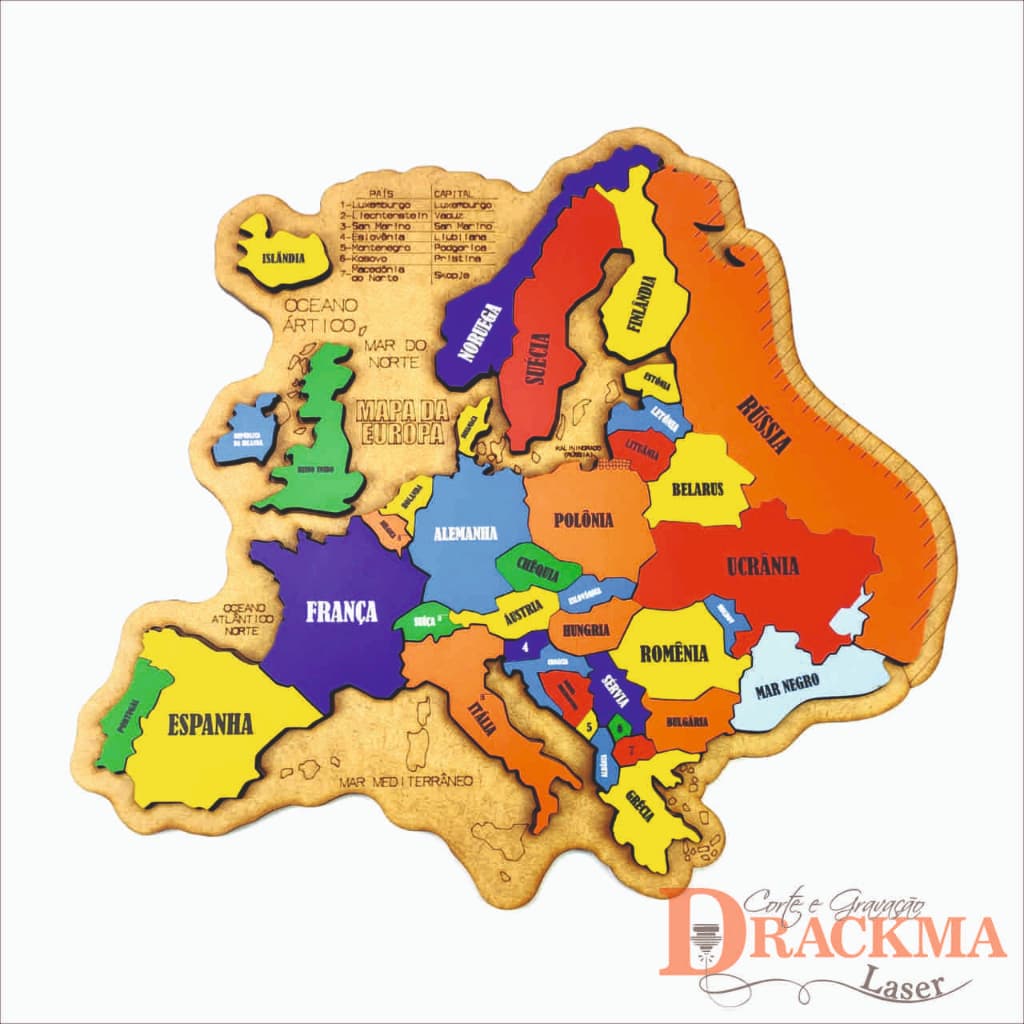 Quebra-Cabeça Mapa da Europa Brinquedo Educativo,  Países e capitais em MDF.