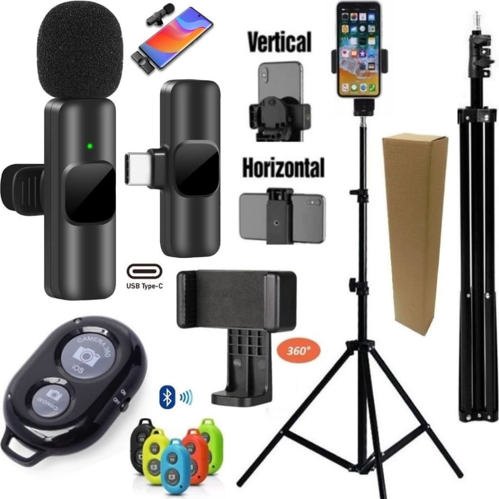 Kit Tripé Pedestal Microfone Sem Fio Tipo-C Filmagem No Celular Profissional