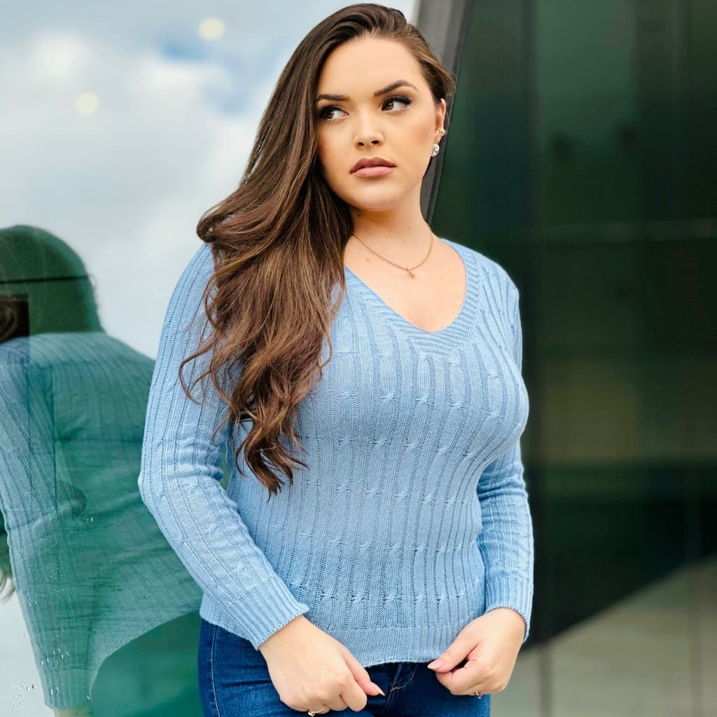 Blusa Feminina TRICOT TRANÇADA Suéter de Frio Decote V Manga Longa Básica