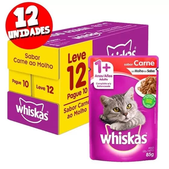 Caixa Sachê Whiskas Para Gatos Adultos Sabor Carne 12 Unidades
