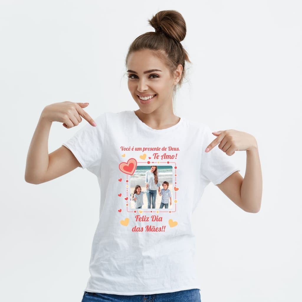 Camisa Camiseta Personalizada Dia Das Maes Voce E Um Presente de Deus Com 1 Foto