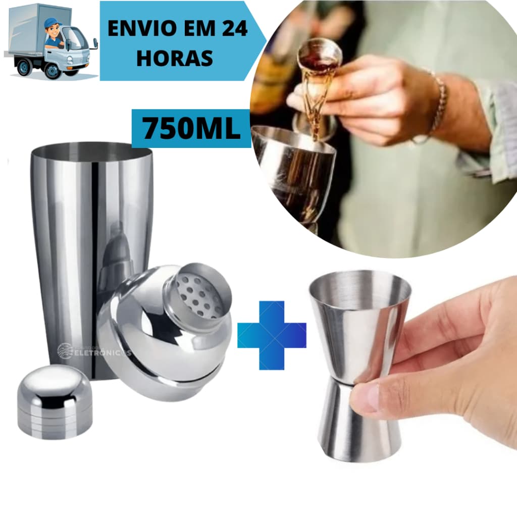 Kit Coqueteleira 750ml Aço Inox 3 Peças + Dosador Medidor de Bebidas 50/25ml Inox Bebidas Drinks Gin Lico