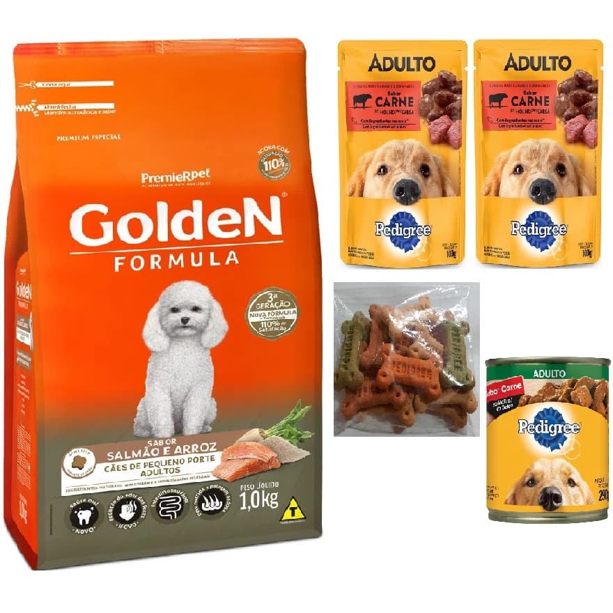 Ração Golden Formula PremieRpet Salmao Carne e Arroz 1kg + Saches + pedigree lata + Biscoito petisco