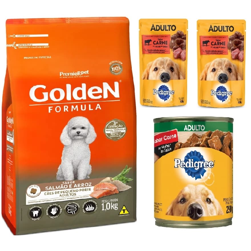 Ração Golden Formula PremieRpet Salmao Carne e Arroz 1kg + Saches + pedigree lata