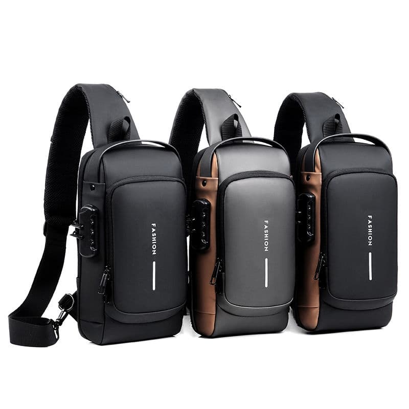 Bolsa Masculina Mochila de Peito Transversal, Antifurto com senha e entrada para carregamento usb