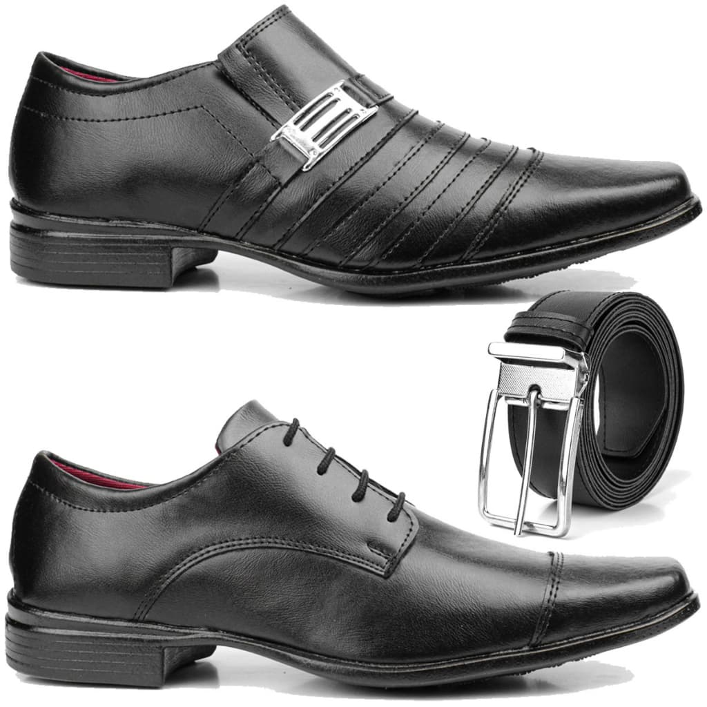 kit 2 pares de sapato social masculino preto + cinto social