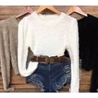 Blusa Cropped Manga Longa Pelinhos Felpuda Pelúcia Inverno