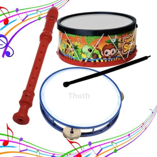 Kit Com 3 Instrumentos Musicais Para Crianças Pandeiro Flauta e Tamborzinho Brinquedo Infantil Tambor Colorido