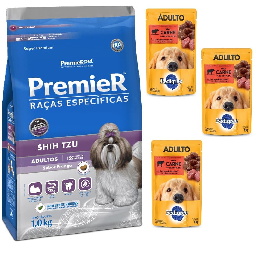 Ração Premier Shih Tzu Raças Específicas Cães Adultos 1kg + Tres Saches pedigree carne ao molho
