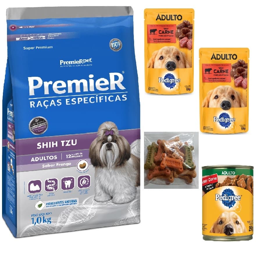 Ração Premier Shih Tzu Raças Específicas Cães Adultos 1kg+ Petisco Biscrock 100g+ Dois Saches pedigree ao molho