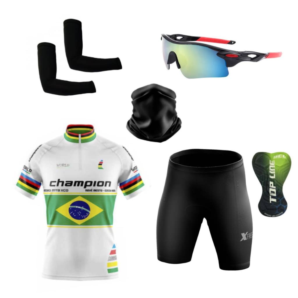 Conjunto Uniforme Ciclismo + Óculos Esportivo + Par de Manguitos + Bandana