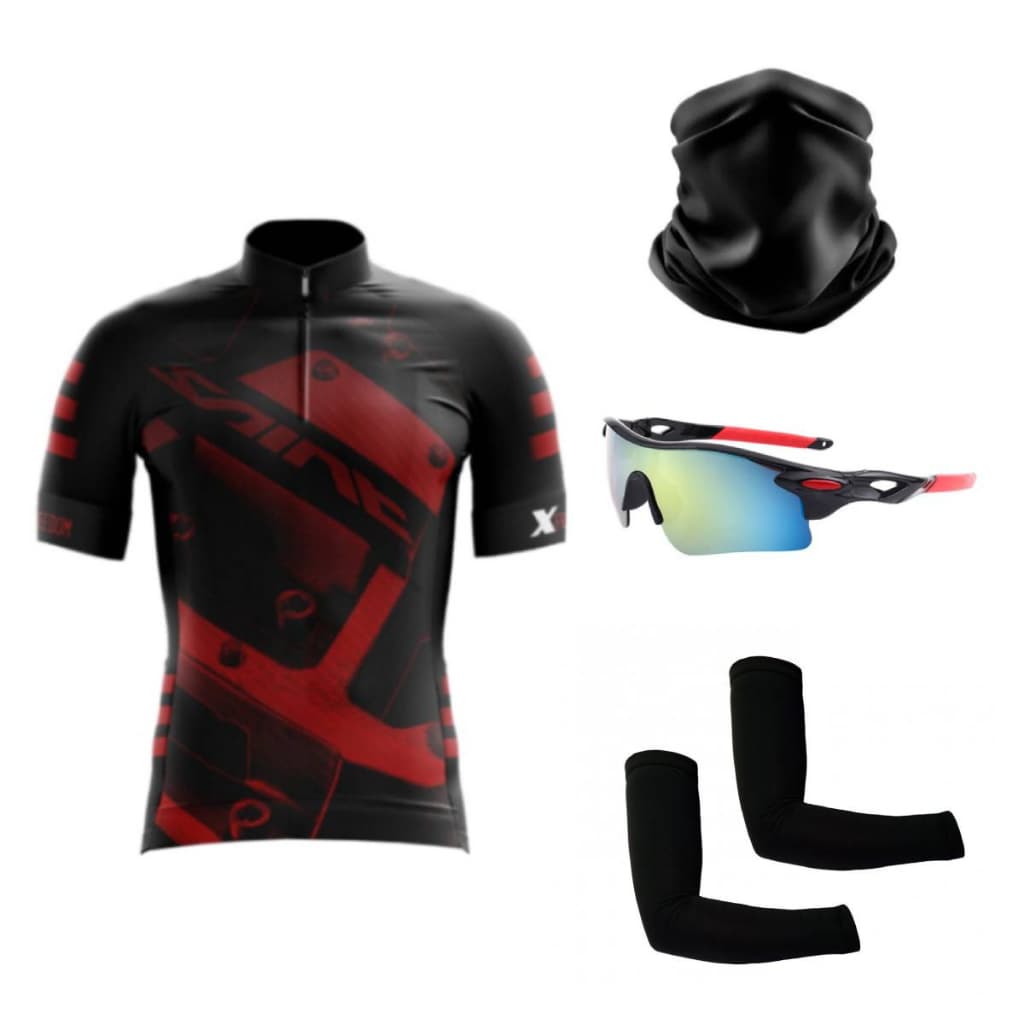 Camisa Ciclismo + Óculos Esportivo + Par de Manguitos Ciclismo + Bandana