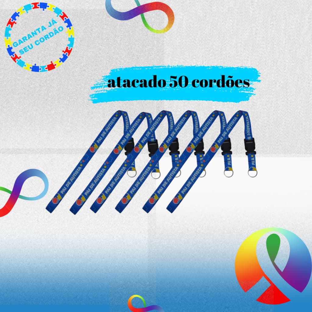 Kit 50 Chaveiro Cordão Moto Pescoço Fecho Engate Rápido Crachá Pai de Autista/TEA