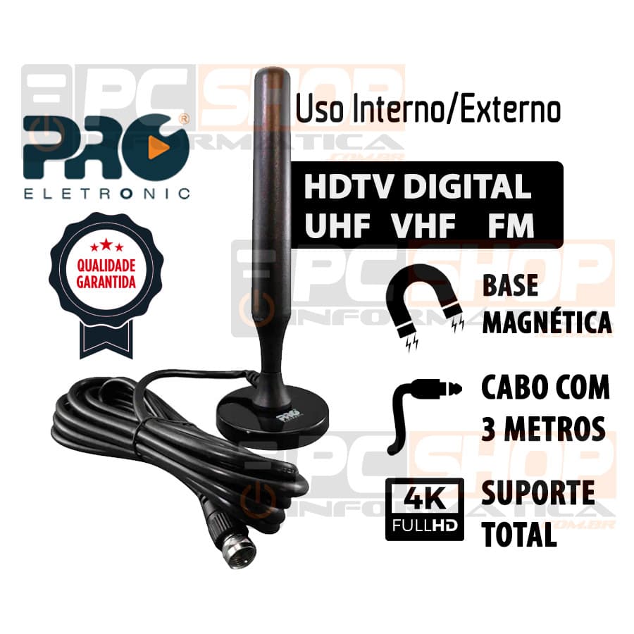 Antena Digital Interna ou Externa HDTV 4K Base Magnética Cabo com 3,0m