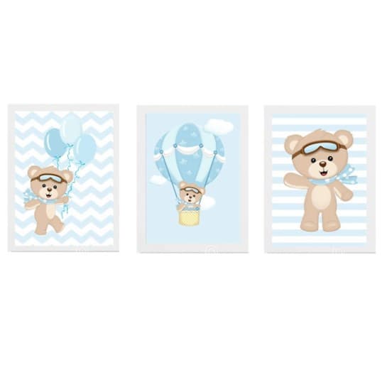 Quadro decorativo 3 peças Sala Quarto Escritório Cozinha Decoração 20x30 Infantil Ursinho Aviador