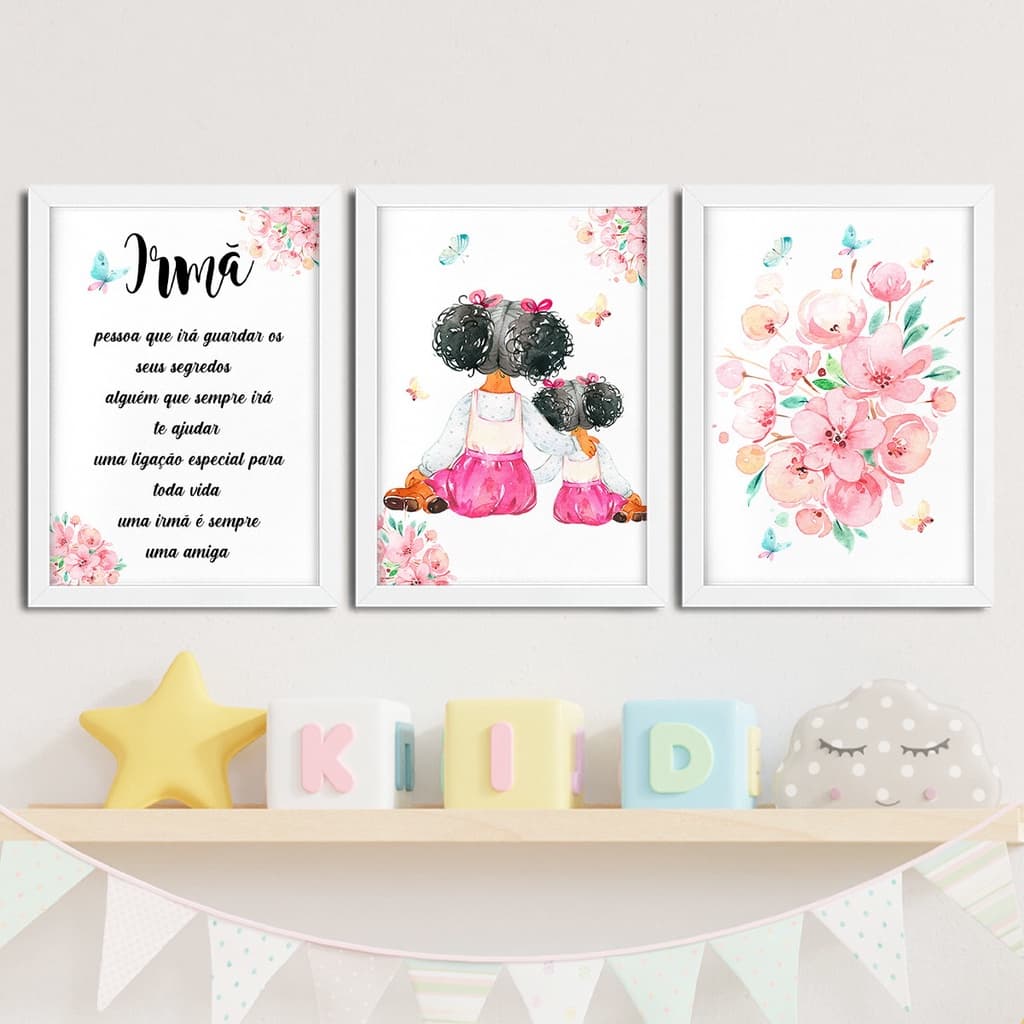 Quadro Decorativo kit 3 peças Sala Quarto Escritório Cozinha Decoração 20x30 menina irmã Morena