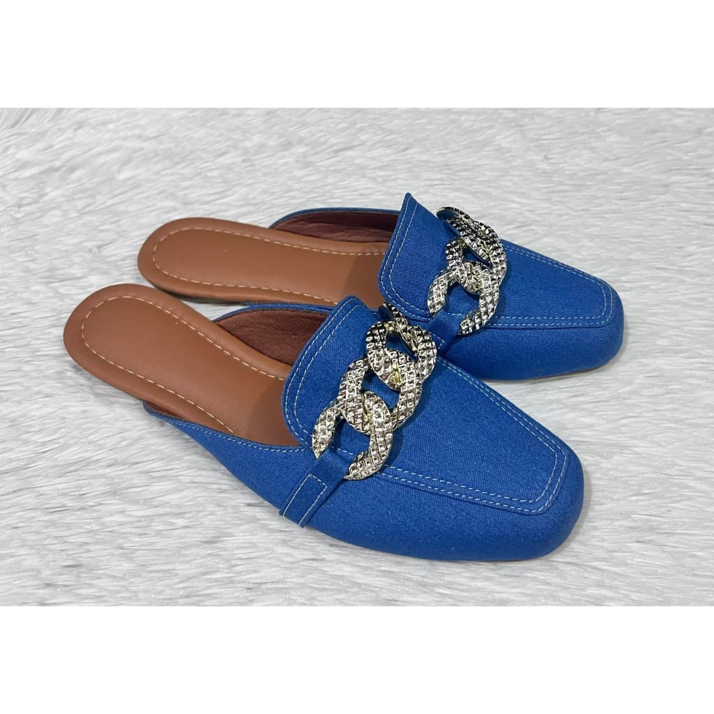 Mule Feminino Bico Quadrado Jeans Claro Enfeite Confort Luxo