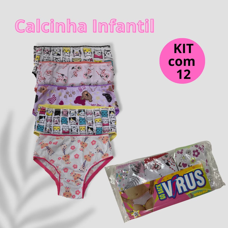 Kit 12 calcinhas infantil  calcolinha menina cós alto 1 a 13 anos