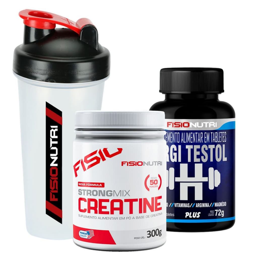 Kit Creatina StrongMix 300g + Argitestol + Coqueteleira FisioNutri