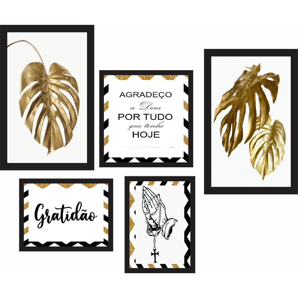 Kit 5 Quadros Decorativos Mdf Frases Fé E Gratidão Deus dourado luxo