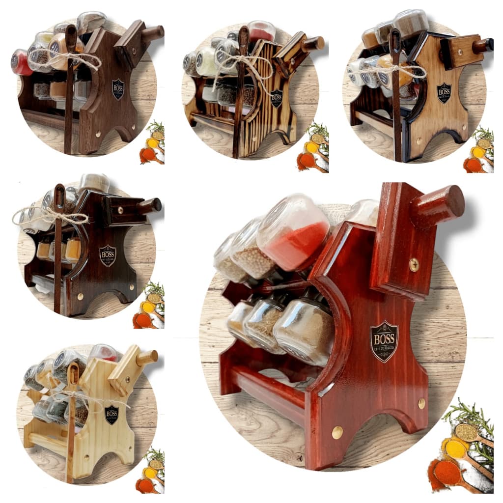 Porta tempero giratório balcão de madeira 12 potes + Etiquetas adesivas + Colher para condimento