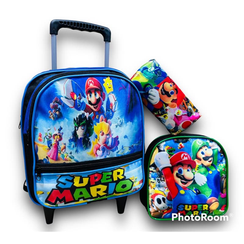 mochila super Mario kit 3 peças  escolar de rodinha mochila para creshe