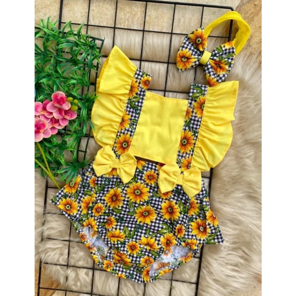 jardineira romper xadrez girassol infantil roupa festa junina xadrez acompanha o laço