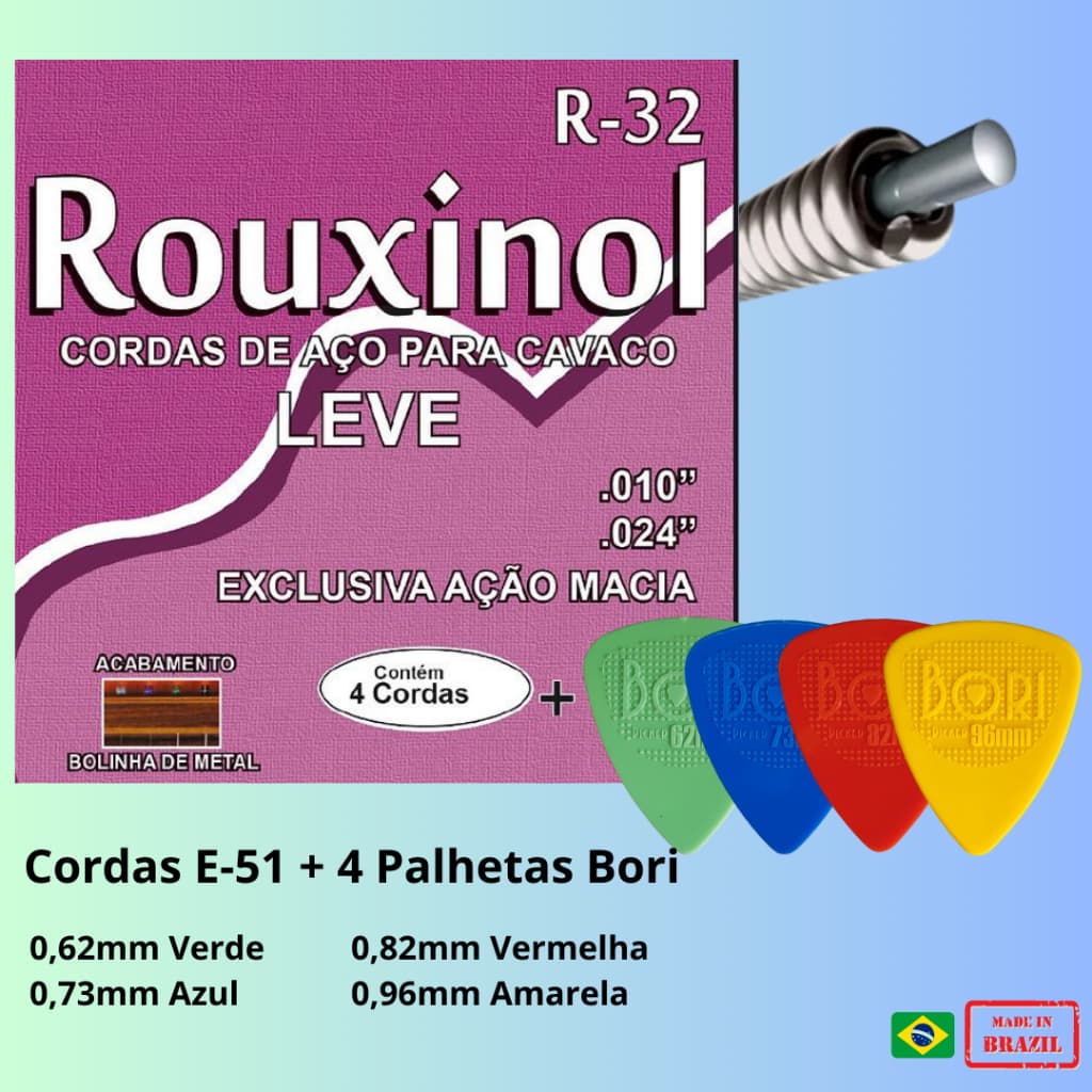 Kit Cordas Cavaco/Banjo Aço R32 Baixa Tensão + 4 Palhetas Bori Picker Nylon