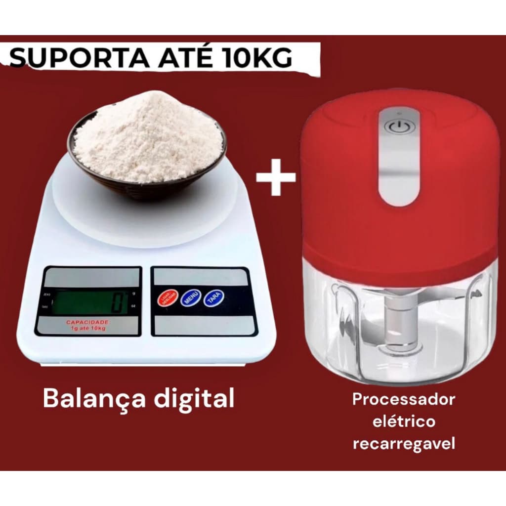 Conjunto Balança de Cozinha Digital 10kg + Processador Elétrico Recarregável 123 útil