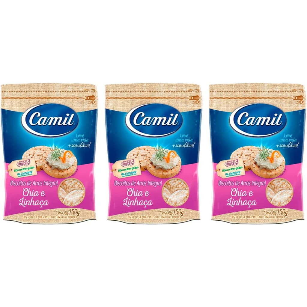 Kit 3 Biscoito Arroz Sem Glúten Chia Linhaça Camil 150g