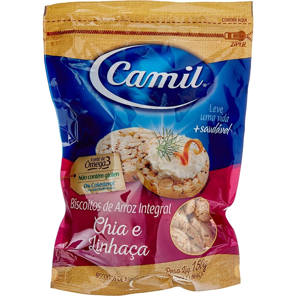 Kit 02 Unidades Biscoito Arroz Sem Glúten Chia Linhaça Camil 150g