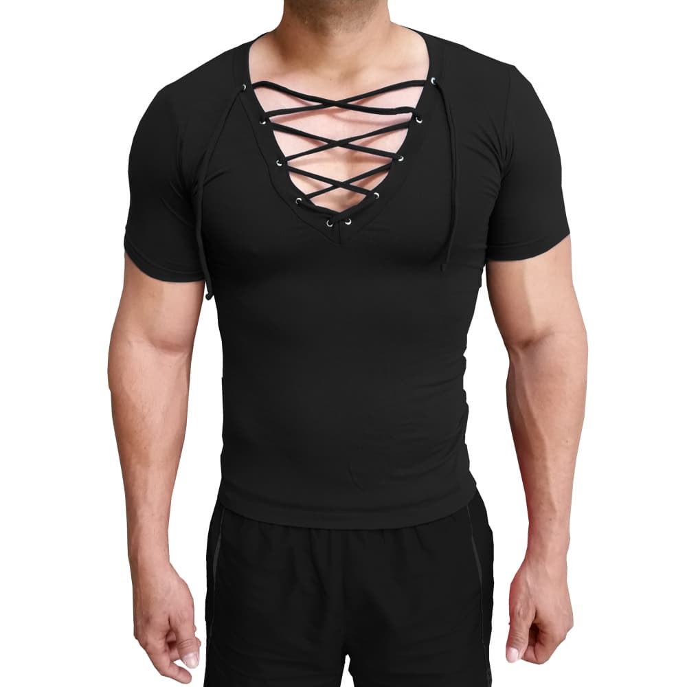 Camiseta Masculina Gola V Funda Com Cordão Manga Curta Sjons